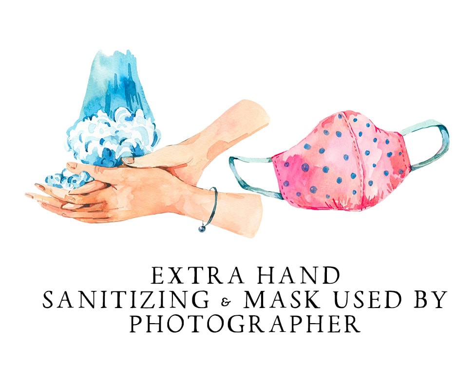 Hand sanitizer and face mask illustration for safety protocols.