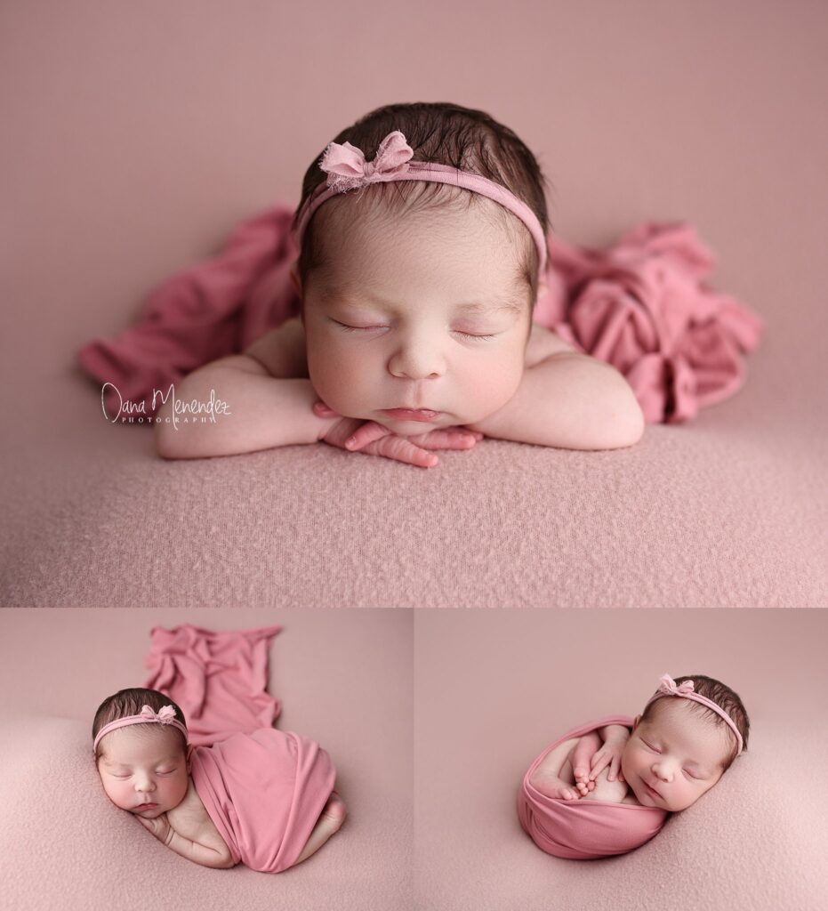 Adorable newborn girl sleeping peacefully on pink blanket.