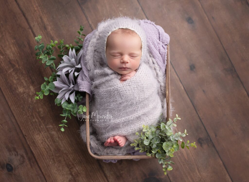 Adorable newborn baby wrapped in a blanket in a basket with greenery.