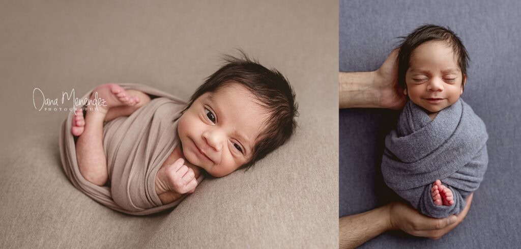 Adorable newborn baby wrapped in gray blanket, lying on beige surface.