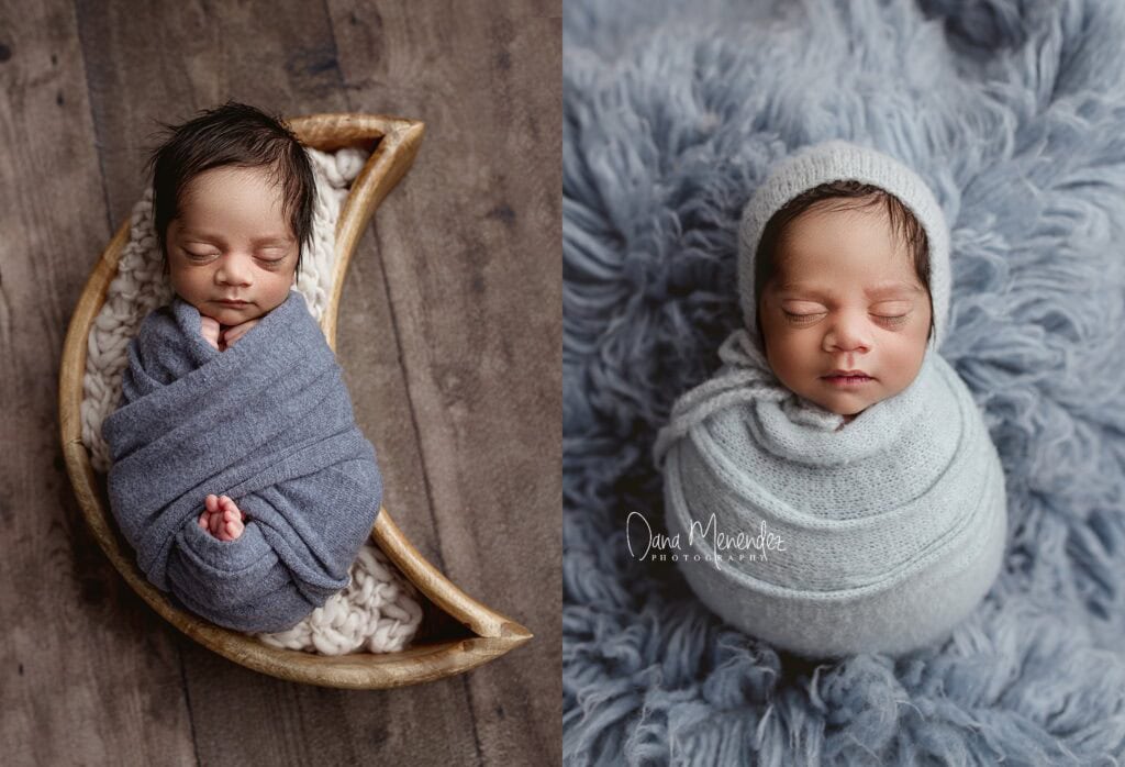 Adorable newborn baby wrapped in a blanket, sleeping in a moon-shaped basket.