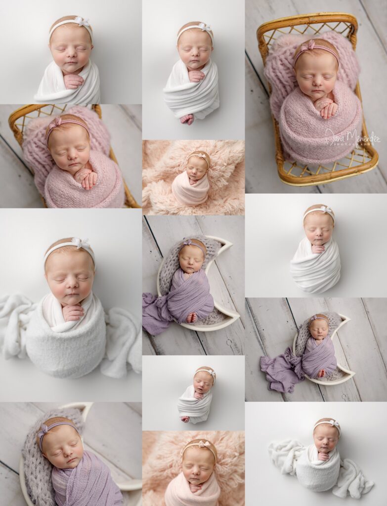 Adorable newborn baby sleeping peacefully in various cozy setups.