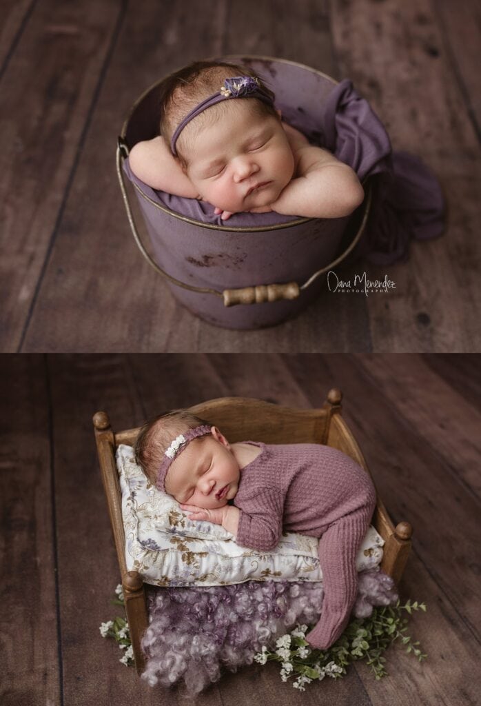 Adorable newborn girl sleeping in a purple bucket with a headband.
