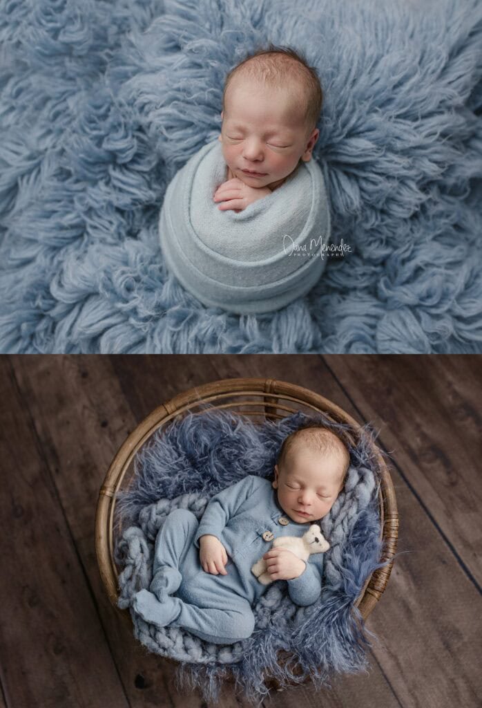 Baby sleeping peacefully wrapped in a light blue blanket, captured by Dana Menendez, Calgary newborn.