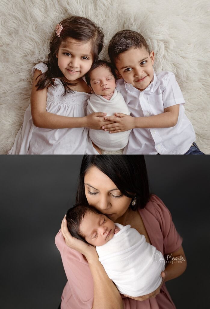 Happy siblings with newborn in a cozy setting, capturing family love in Okotoks.