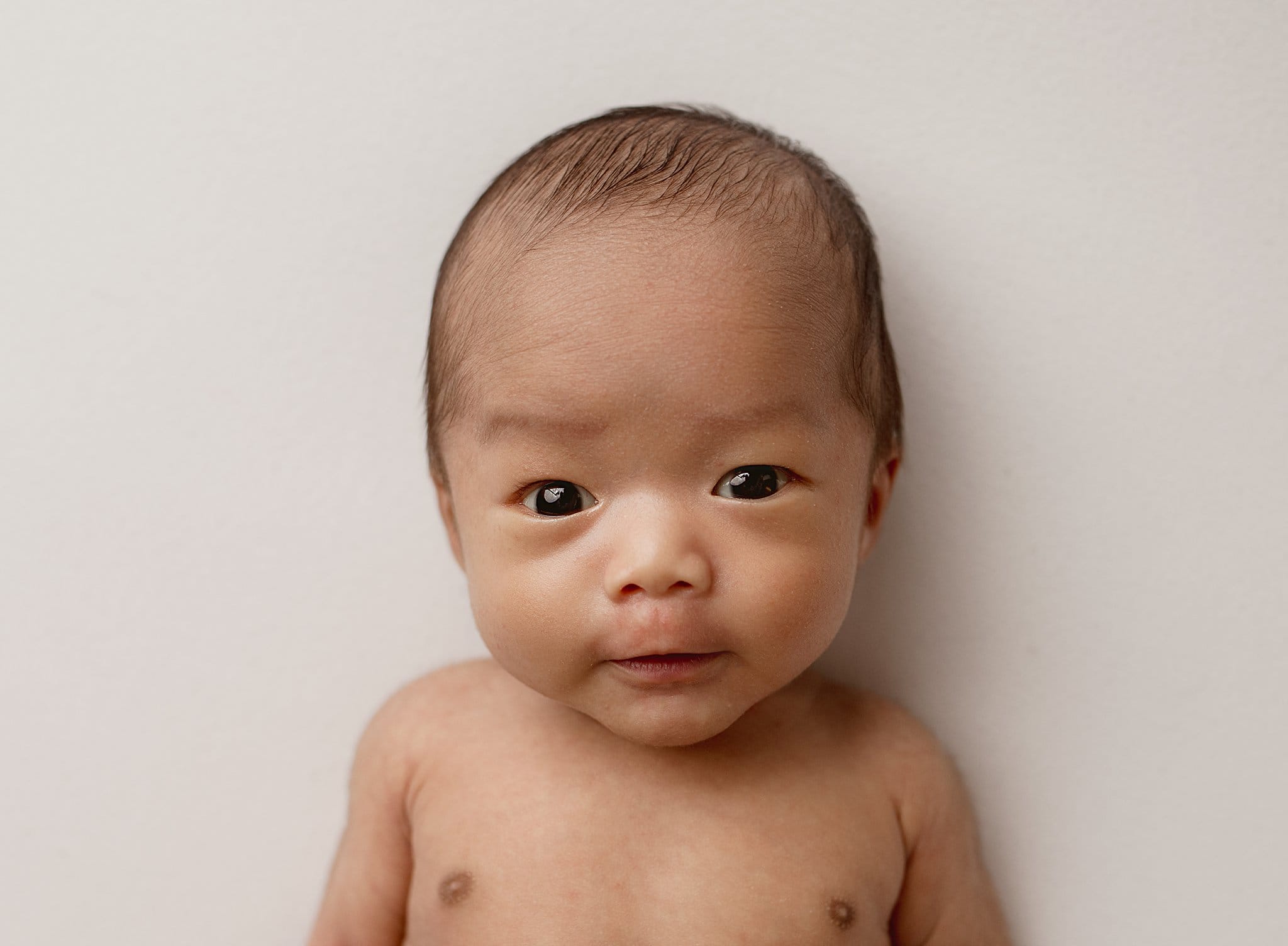 Little Newborn baby with a sweet face staring at the camera in okotoks alberta