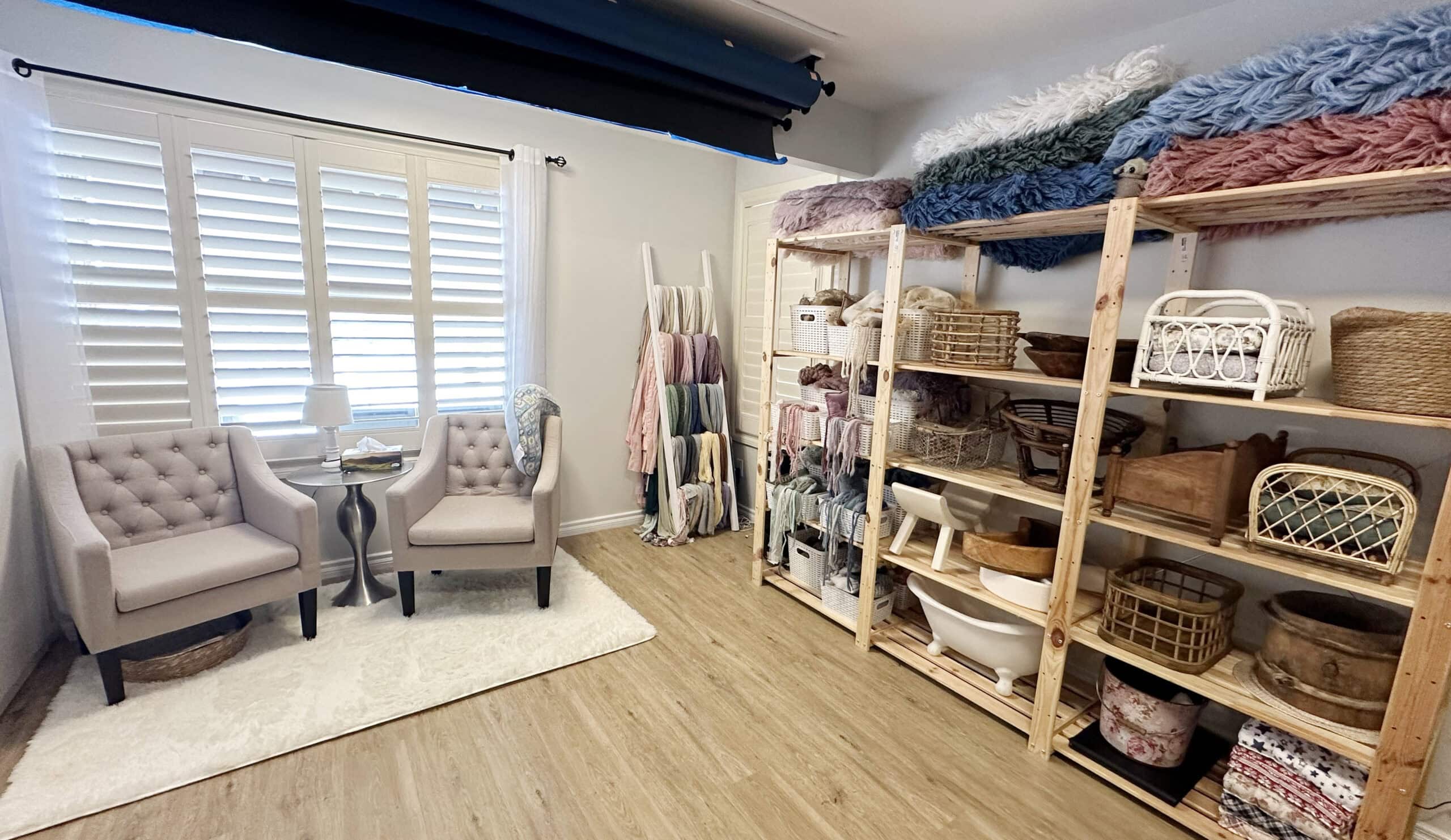 Newborn Studio Prop Area with sitting area and full prop storage in Okotoks Ab